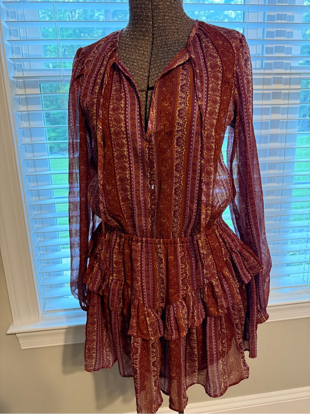 H&M Burgundy Paisley Tiered Long-Sleeve Dress